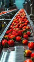 Fresh Strawberries on a Conveyor Belt in a Food Processing Plant photo