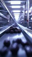 Fresh Blackberries on a Conveyor Belt in a Modern Food Processing Plant photo