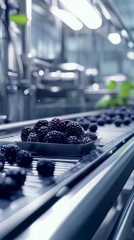Blackberries on a Conveyor Belt in a Modern Food Processing Facility photo