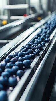 Fresh Blueberries on a Conveyor Belt in a Food Processing Facility photo
