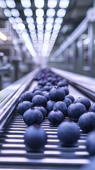 Fresh Blueberries on a Conveyor Belt in a Modern Food Processing Facility photo