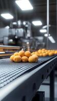 Apricots on a Conveyor Belt in a Modern Food Processing Facility photo