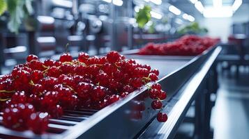 Fresh Red Currants on a Conveyor Belt in a Modern Food Processing Plant photo