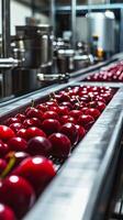 Vibrant Cherries on a Conveyor Belt in a Modern Food Processing Plant photo