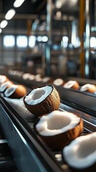 Coco Processing Line - Fresh Coconuts on Conveyor Belt photo