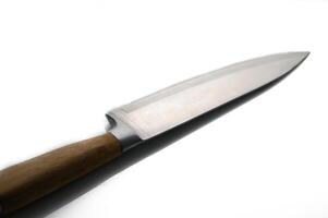 Sharp kitchen knife resting on a clean surface with a wooden handle showcasing craftsmanship and design photo