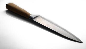 Elegant kitchen knife resting on a reflective surface, showcasing its sharp blade and wooden handle photo