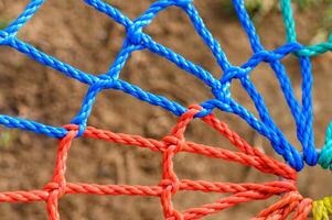 Vibrant colors of woven ropes create an intricate pattern in a sunny garden setting photo