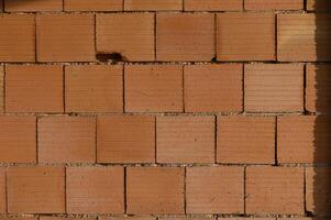 Textured wall showcasing warm tones and patterns in an urban setting with bright sunlight highlighting the bricks photo