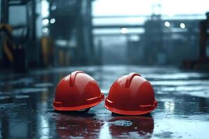 Two red hard hats resting on wet concrete in industrial setting photo