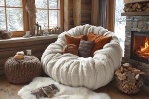 Cozy Winter Retreat with Plush Seating by a Rustic Fireplace in a Log Cabin photo