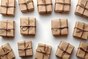 Rustic Gift Boxes Patterned Layout with Brown Paper and Twine Ties for Holiday and Event Celebrations photo