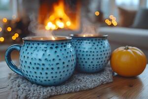 Cozy Winter Scene with Hot Drinks and Pumpkin by the Fireplace for Holiday Decor photo