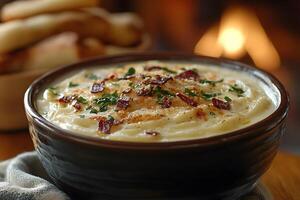 Creamy Mashed Potatoes with Crispy Bacon and Herbs in Rustic Setting photo