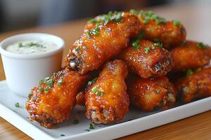 Spicy Buffalo Chicken Wings with Ranch Dip for Party Appetizers and Game Day Snacking photo