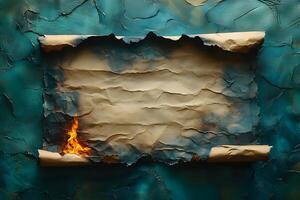 Burnt Paper Scroll with Flames on Turquoise Textured Background for Dramatic Design photo