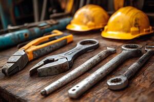 Essential Tools for Construction and Safety with Yellow Hard Hats on Rustic Wooden Table photo