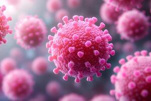 Microscopic View of Viruses with Vibrant Pink Spikes for Scientific and Educational Use photo