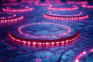 Futuristic Neon Circles on Metallic Surface - Sci-Fi and Tech Background Design photo