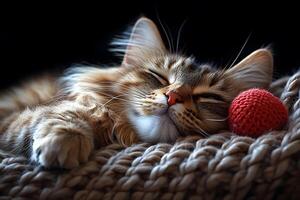 Cozy Cat Sleeping with Red Yarn Ball on Knit Blanket - Perfect for Pet Care and Relaxation Themes photo