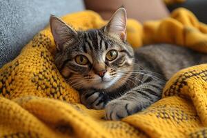 Cozy Tabby Cat Resting on a Warm Yellow Blanket in a Calm Home Setting photo