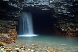 Tranquil Waterfall in Rocky Cave Setting for Nature Photography and Design photo