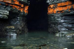 Rugged Coastal Cave with Ocean Water and Orange Rock Formations for Adventure and Nature Themes photo