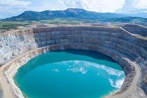 Majestic Aerial View of Blue Water in an Open-Pit Mine with Mountainous Backdrop for Nature and Industry Themes photo