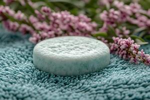 Natural Soap Bar with Floral Lavender on Plush Towel for Spa and Skincare photo