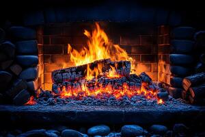 Cozy Fireplace with Glowing Flames and Embers for Winter Comfort photo