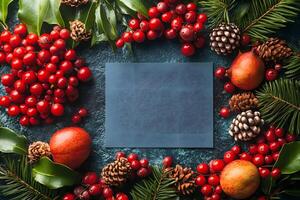 Festive Holiday Card Background with Pomegranates, Berries, and Pine Cones photo