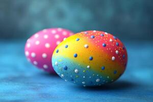 Colorful Easter Eggs with Polka Dot Patterns on Blue Background for Holiday Design photo