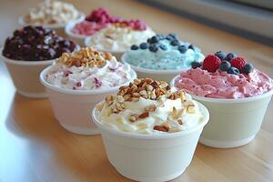 Diverse Frozen Yogurt Selection with Toppings for Summer Refreshment and Dessert Inspiration photo