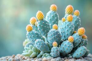 Vibrant Cactus Cluster with Blossoms in Serene Garden Setting photo