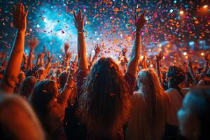 Vibrant Celebration Enthusiastic Crowd Enjoys Live Music Event with Confetti Explosion photo