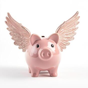 decorativo rosado cerdito banco con alas soportes en un blanco superficie, agregando encanto a ninguna habitación o oficina espacio foto