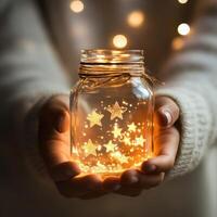 Hands hold a glowing jar filled with lights and stars, creating a warm atmosphere at night photo