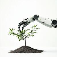 Robotic hand nurturing a young plant in soil, symbolizing the fusion of technology and nature photo