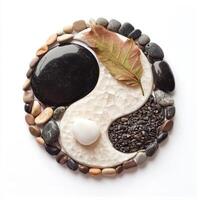 Decorative yin yang design created from natural stones and a leaf displayed on a white background photo