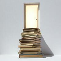 Stacked books with a glowing doorway inviting exploration and knowledge photo