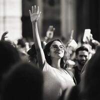 Crowd gathers in support, raising hands in solidarity during an afternoon event in a bustling urban location photo