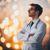 Doctor reflecting against a glowing background during a serene sunset in a city environment photo