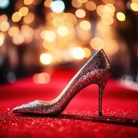 Sparkling high heel on a red carpet at a glamorous event during the evening photo