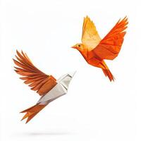 Two colorful origami birds in flight showcasing intricate paper folding techniques and vibrant hues against a clean white background photo