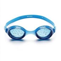 Blue swimming goggles with water droplets resting on the lenses, ready for use in a pool setting photo