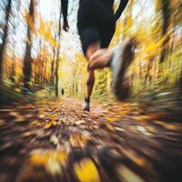 Runners navigate a vibrant autumn trail surrounded by colorful foliage and fallen leaves photo