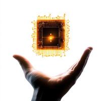 Creating a connection between technology and humanity through a microchip in a hand photo