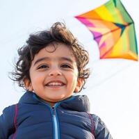 Sunny day at the park with a smiling child and colorful kite flying high in the sky photo
