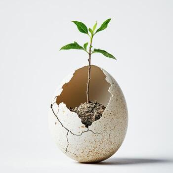 Growth emerging from a broken eggshell represents new beginnings and potential for life photo