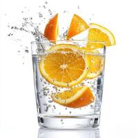 Fresh orange slices splashing into a glass of sparkling water creating refreshing bubbles photo